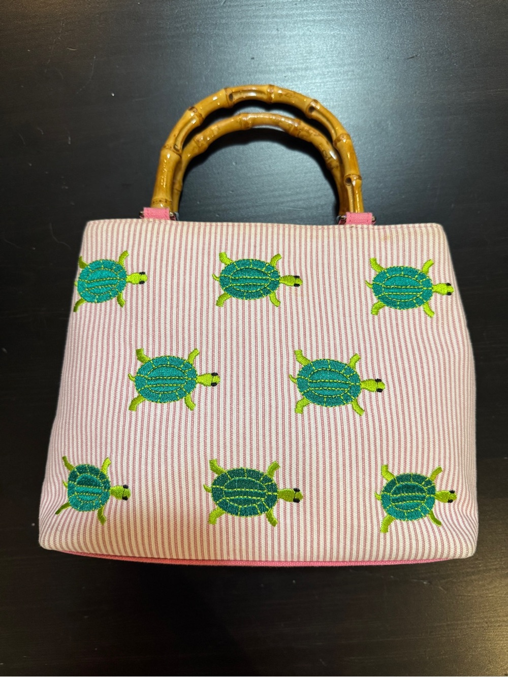 Pink Striped Turtle-Embroidered Tote with Bamboo Handles